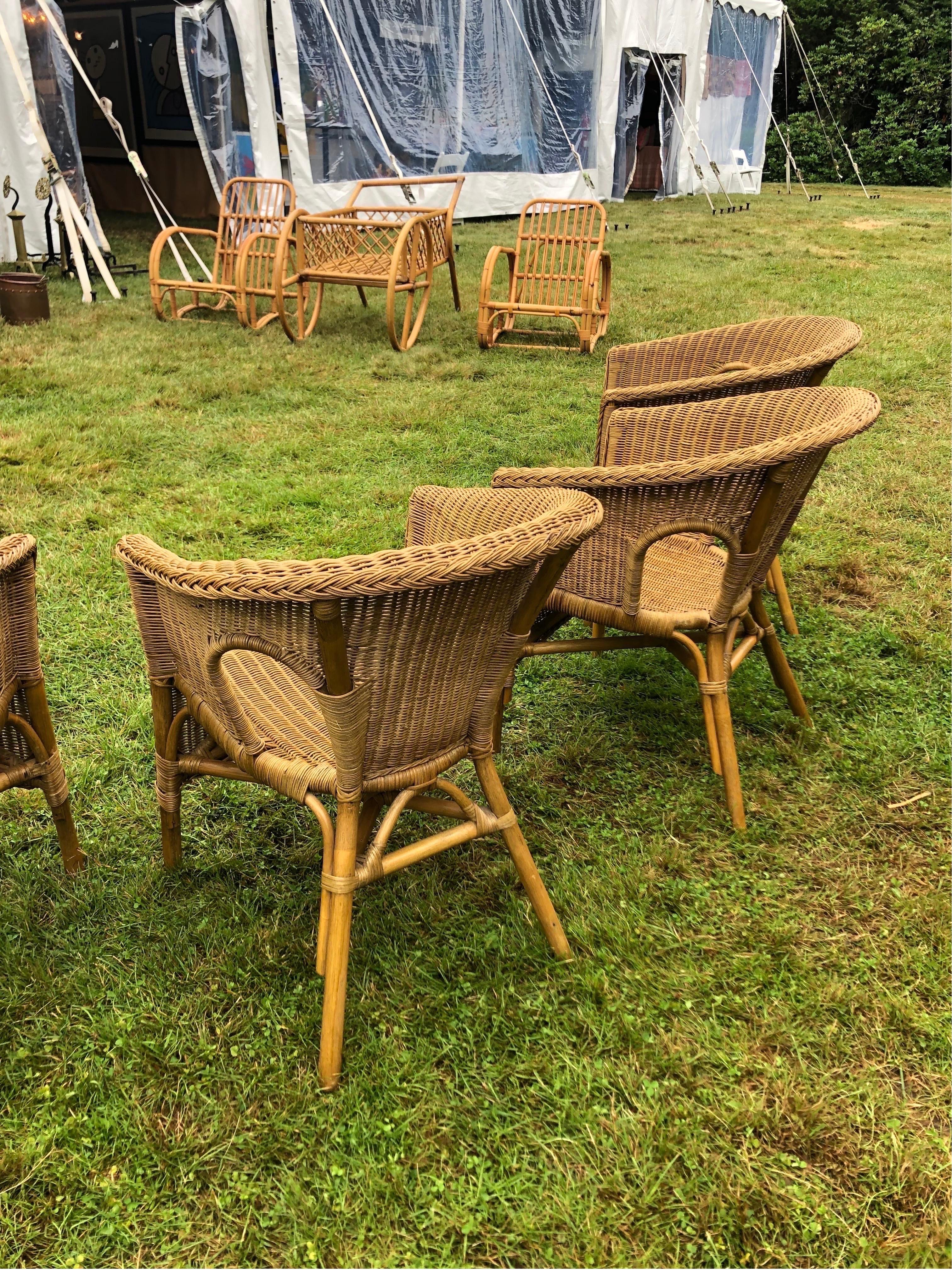 Hand-Woven Set Of Four Vintage Woven Wicker Chairs For Sale