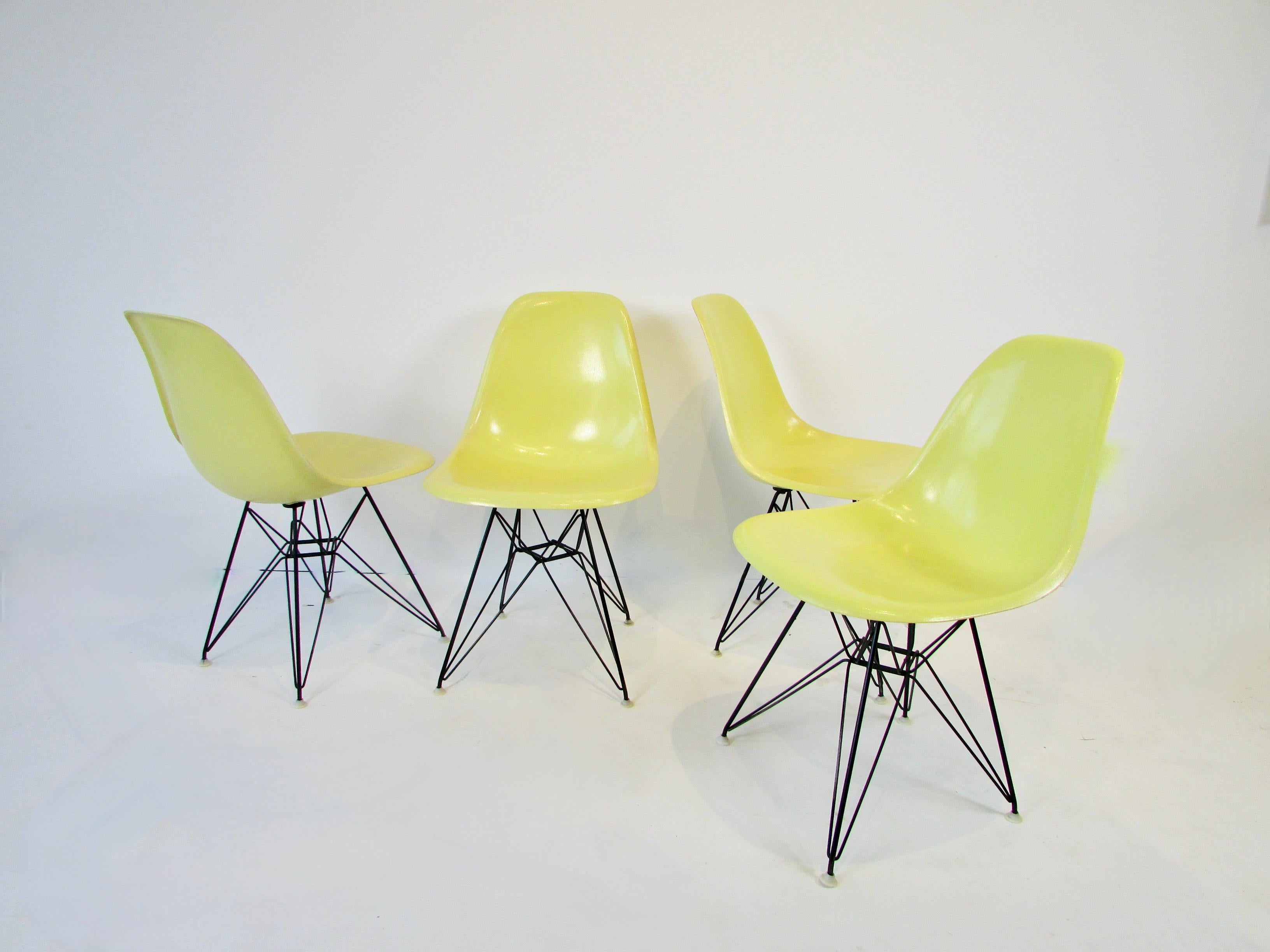 Set aus vier lebhaften gelben Eames DSR-Stühlen aus Glasfaser auf schwarzen Eiffelturm-Sockeln (Stahl) im Angebot