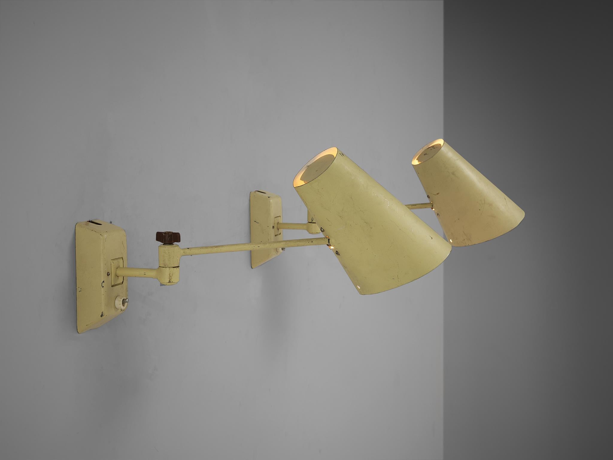 Mid-20th Century Set of Four Wall Lights in Pale Yellow Lacquered Metal  For Sale