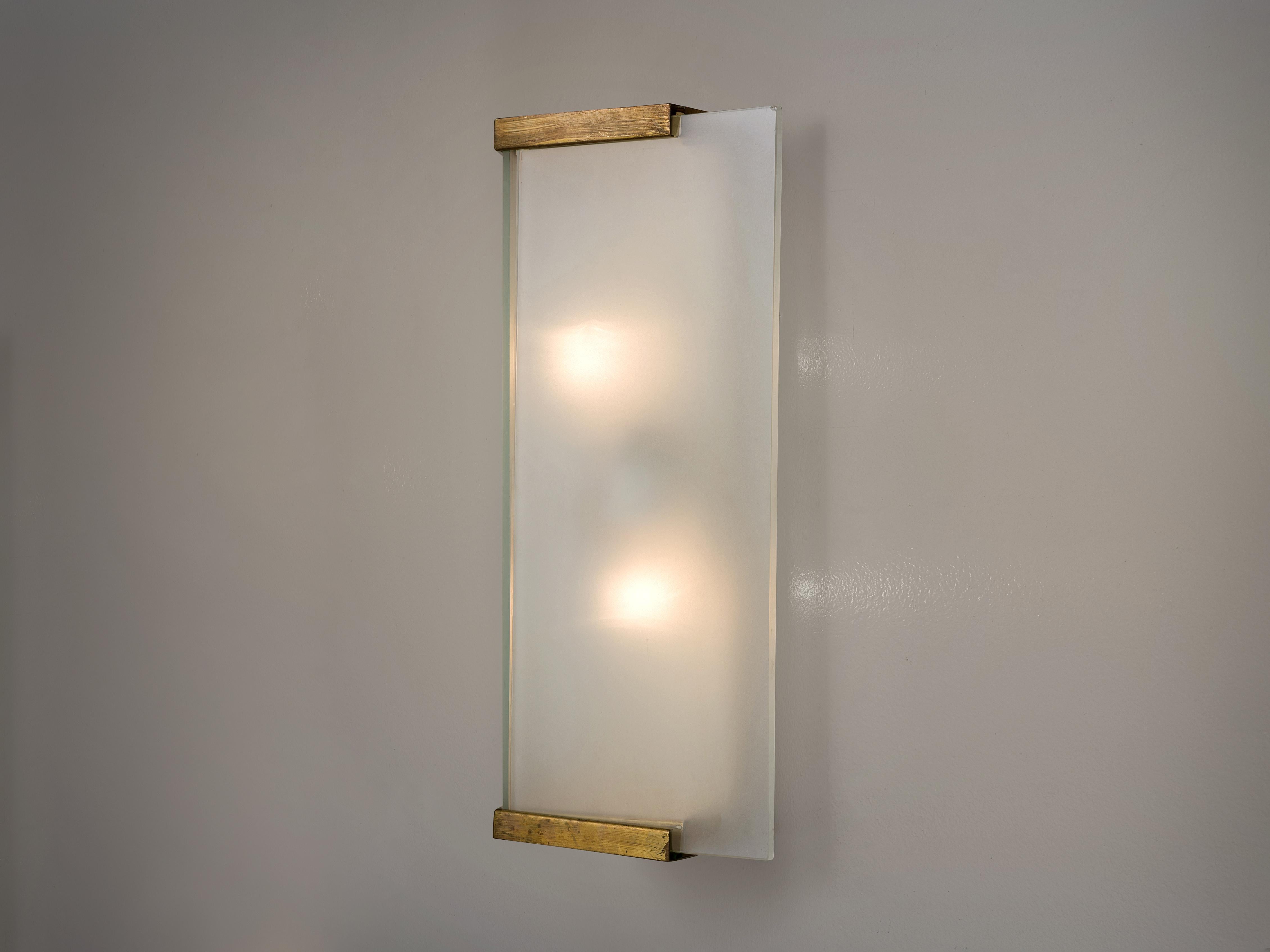 Set of four wall lights, brass, frosted glass, Europe, 1930s.

These simplistic geometric sturdy wall lights give off a warm light partition thanks to the thick, high-quality glass. The lights feature a double, symmetrical lay-out with triangle