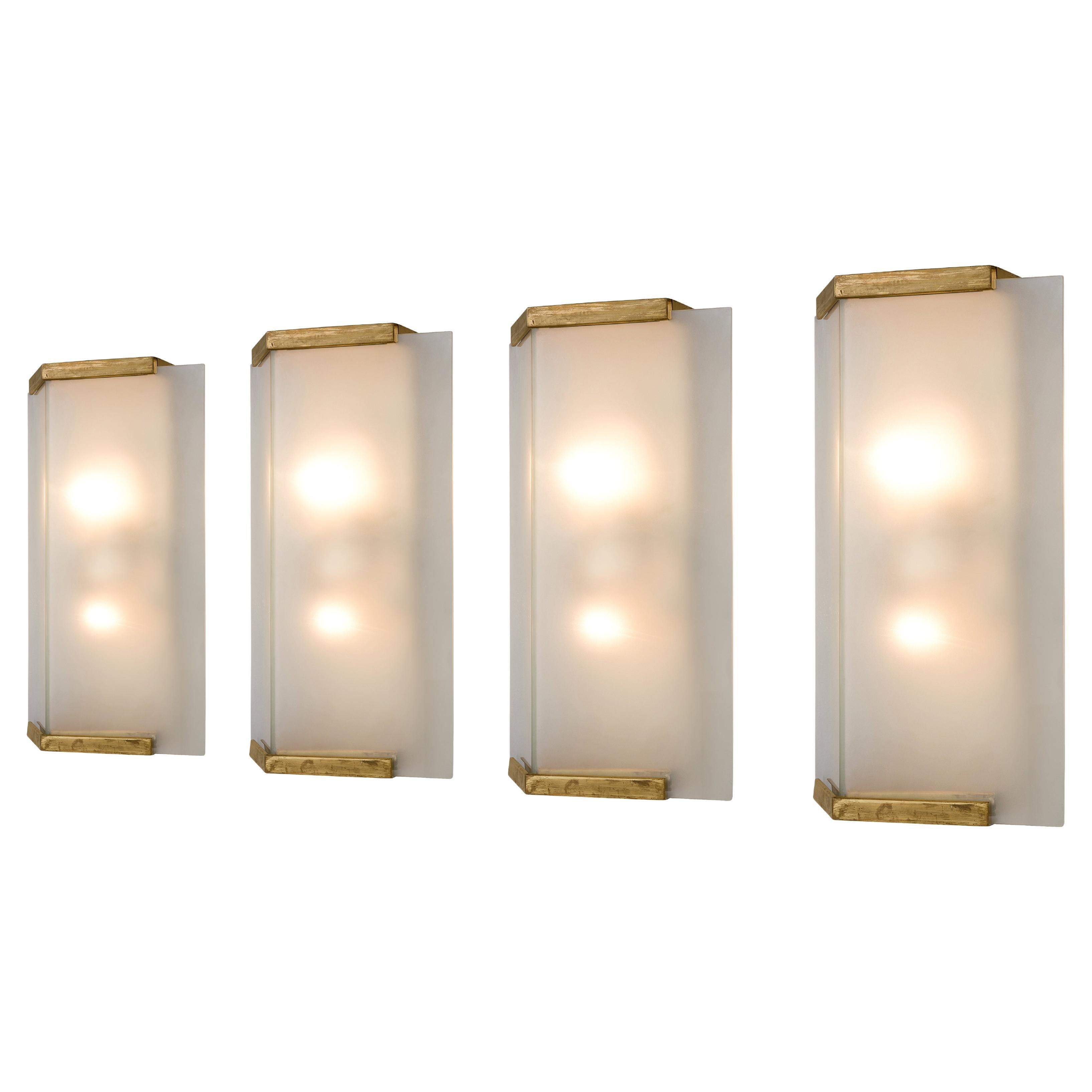 Set of Four Wall Lights with Brass and Opaline Glass