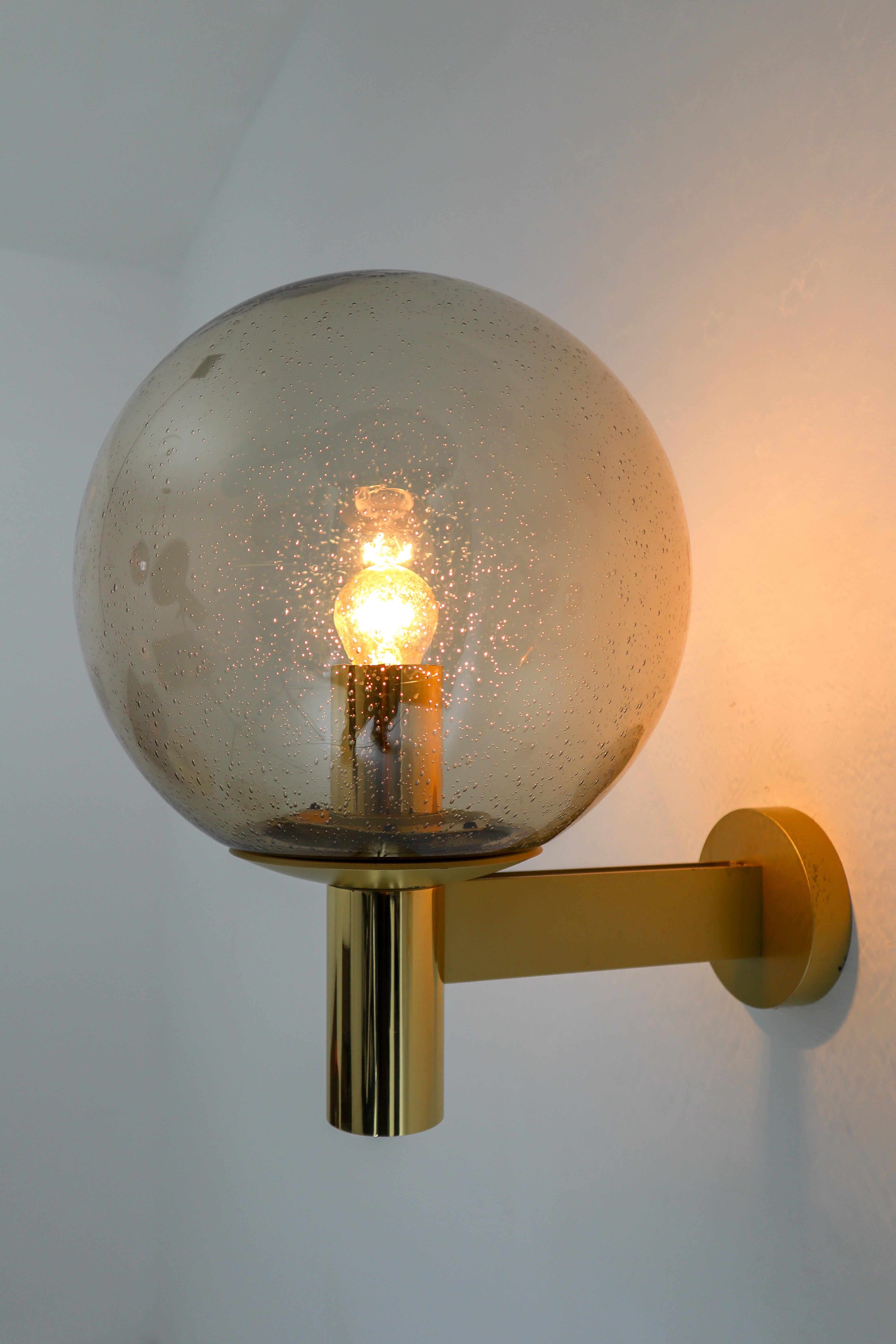 Set of Four Wall Lights with Smoked Glass Globe and Brass by Glashütte Limburg 3