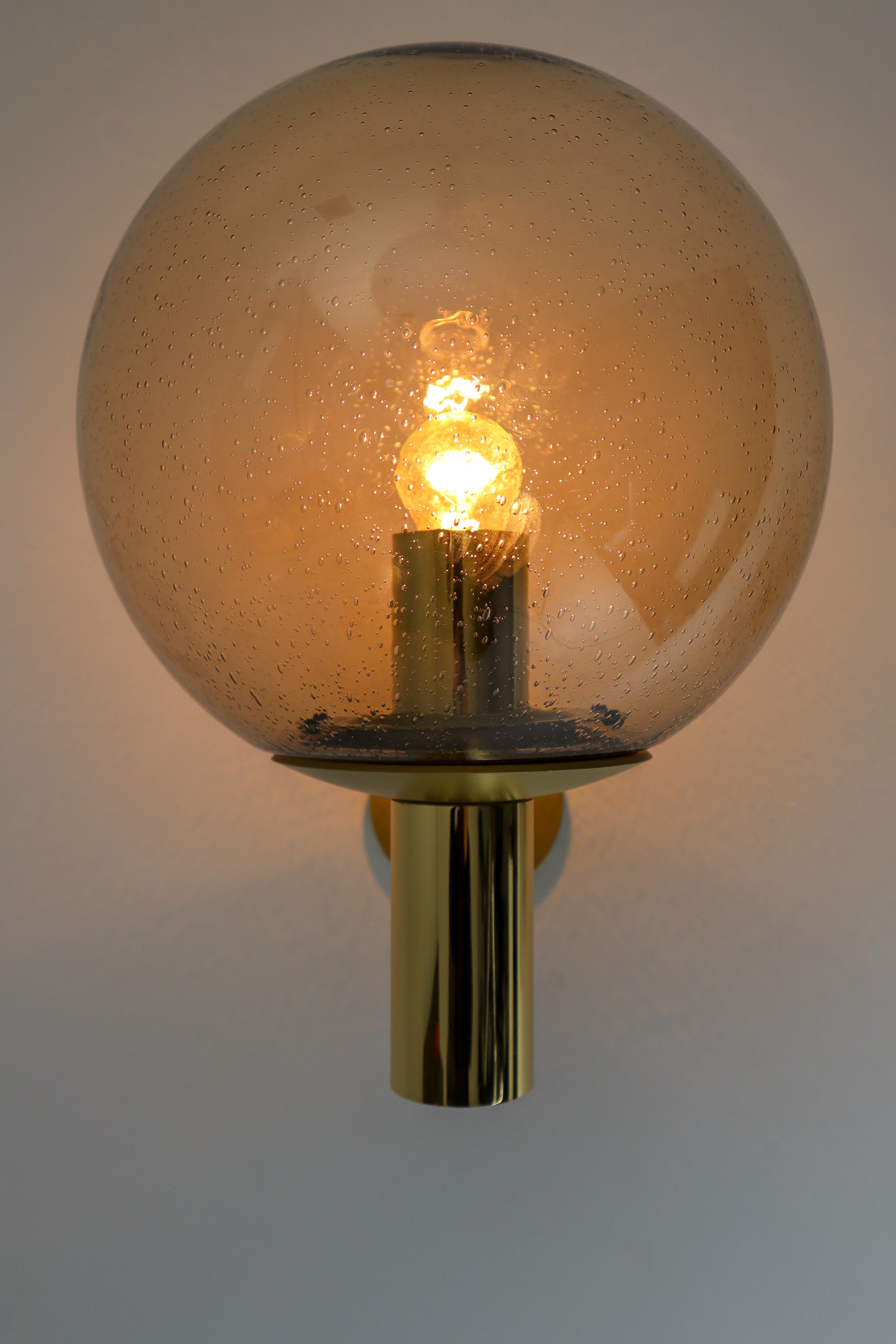 Mid-Century Modern Set of Four Wall Lights with Smoked Glass Globe and Brass by Glashütte Limburg
