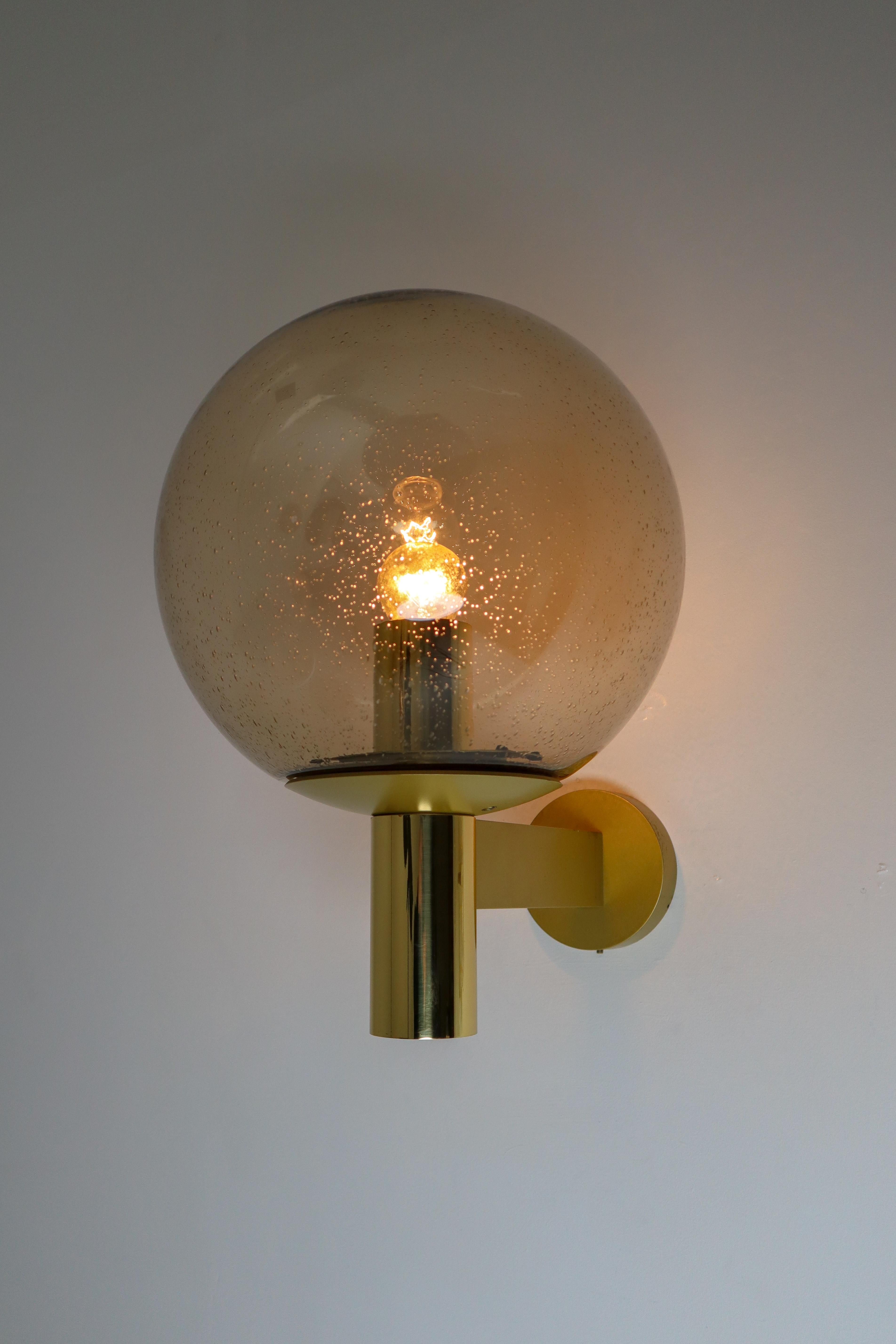 German Set of Four Wall Lights with Smoked Glass Globe and Brass by Glashütte Limburg