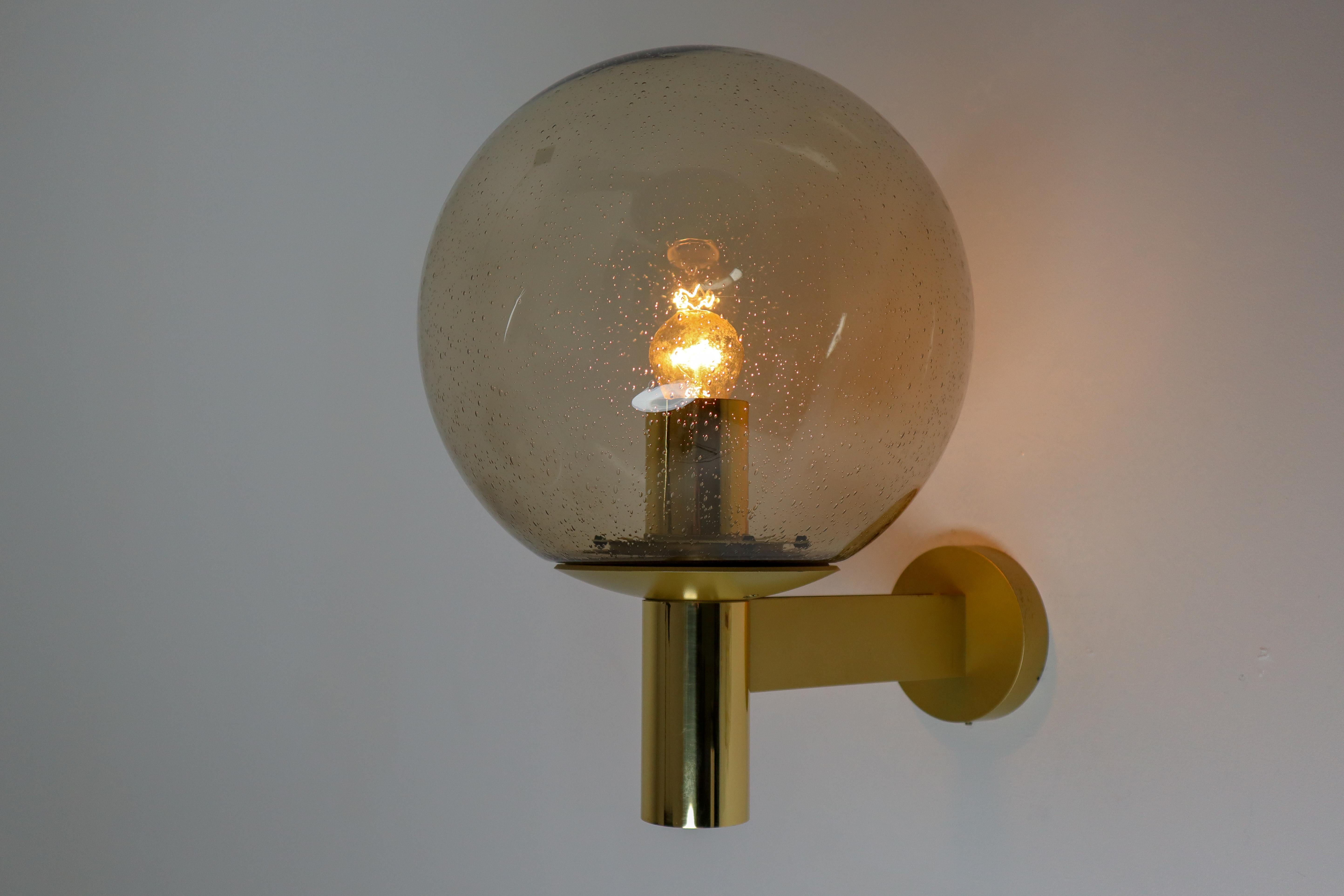 20th Century Set of Four Wall Lights with Smoked Glass Globe and Brass by Glashütte Limburg