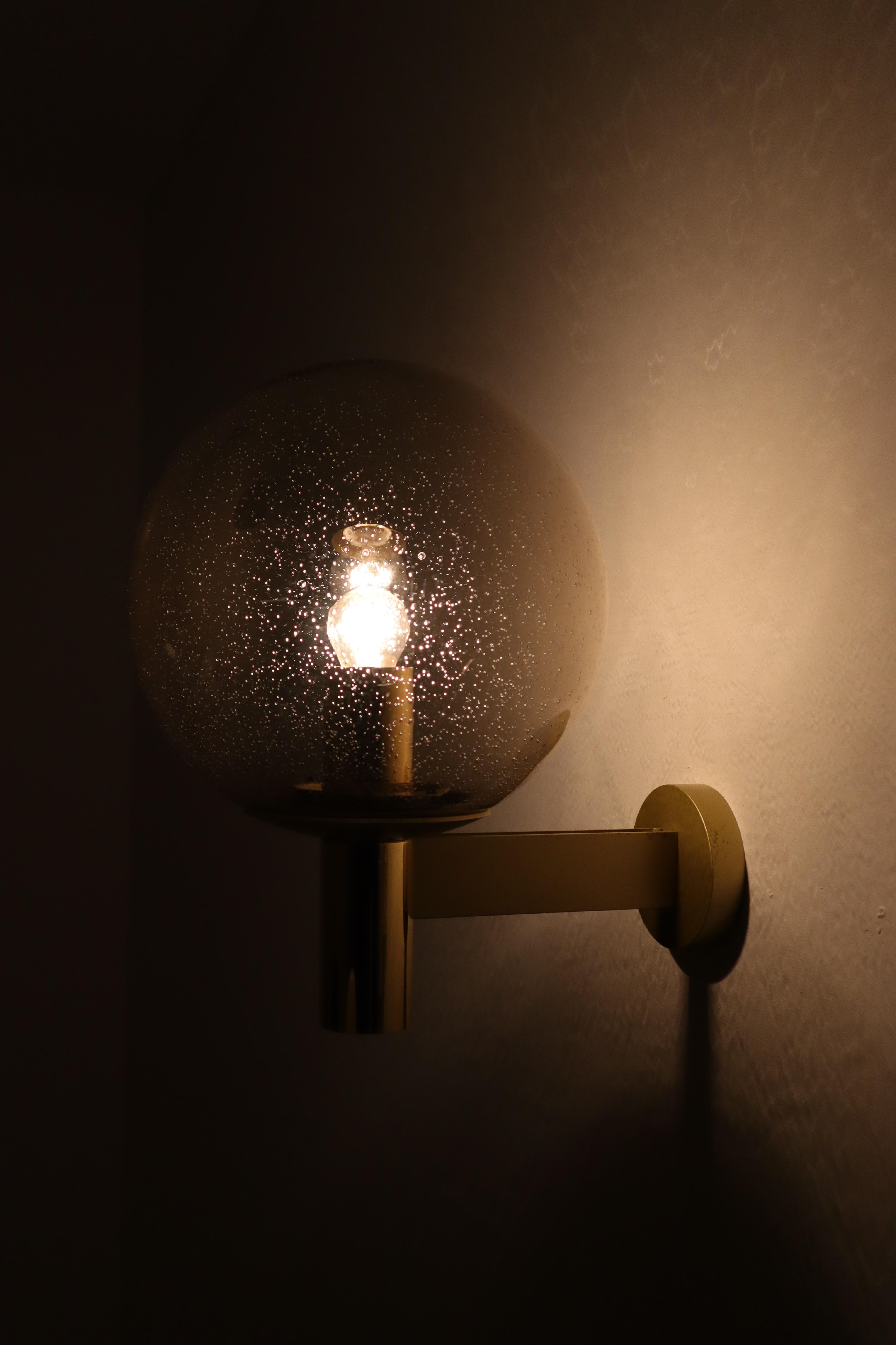 Set of Four Wall Lights with Smoked Glass Globe and Brass by Glashütte Limburg 1