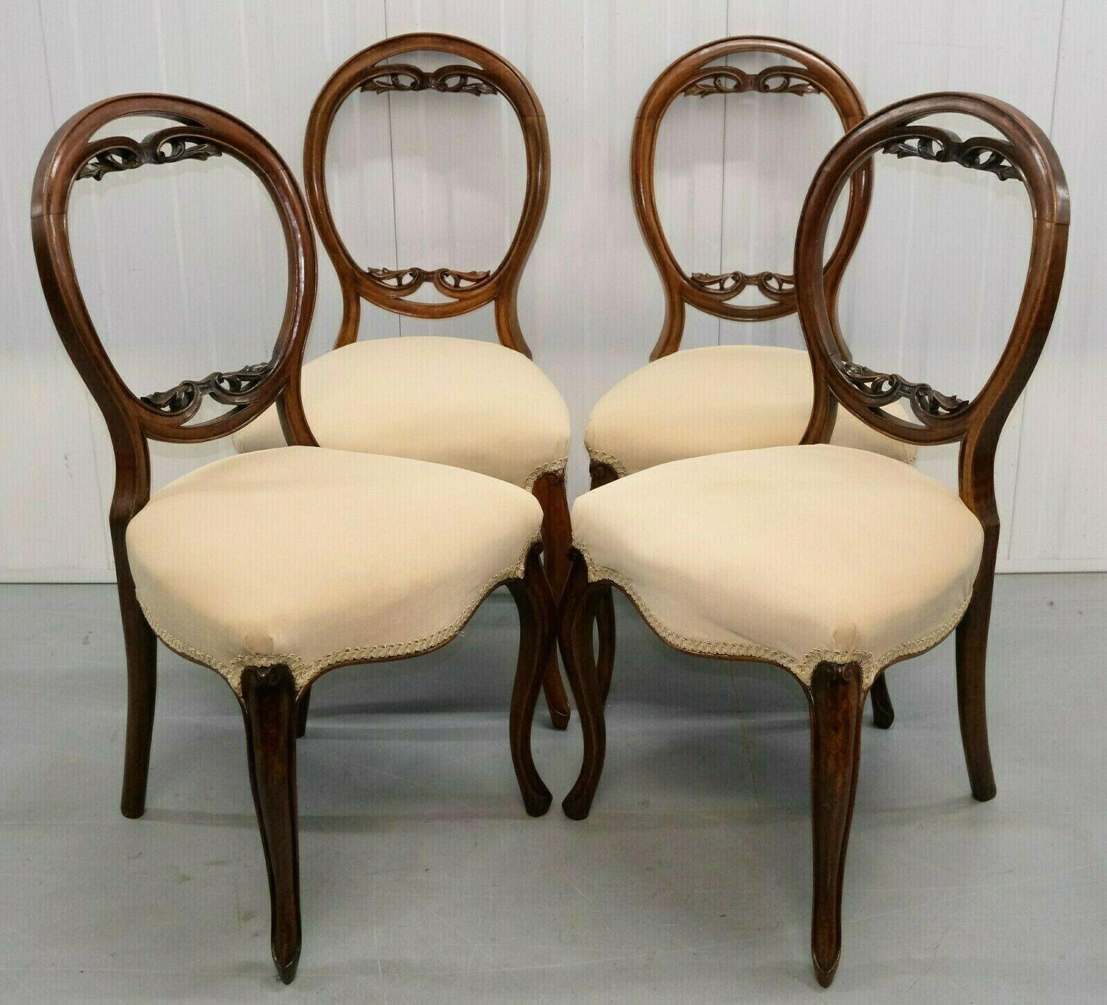 Set of Four Walnut Dining Ballon Back Soft Velvet Seat Chairs on Cabriole Legs 6