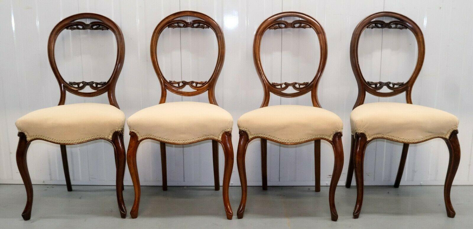 We are delighted to offer for sale this stylish set of four Antique Walnut balloon back on soft cream colour velvet seat dining chairs.

This set of popular designed chairs makes them fit around most styles of dining room perfectly. These chairs