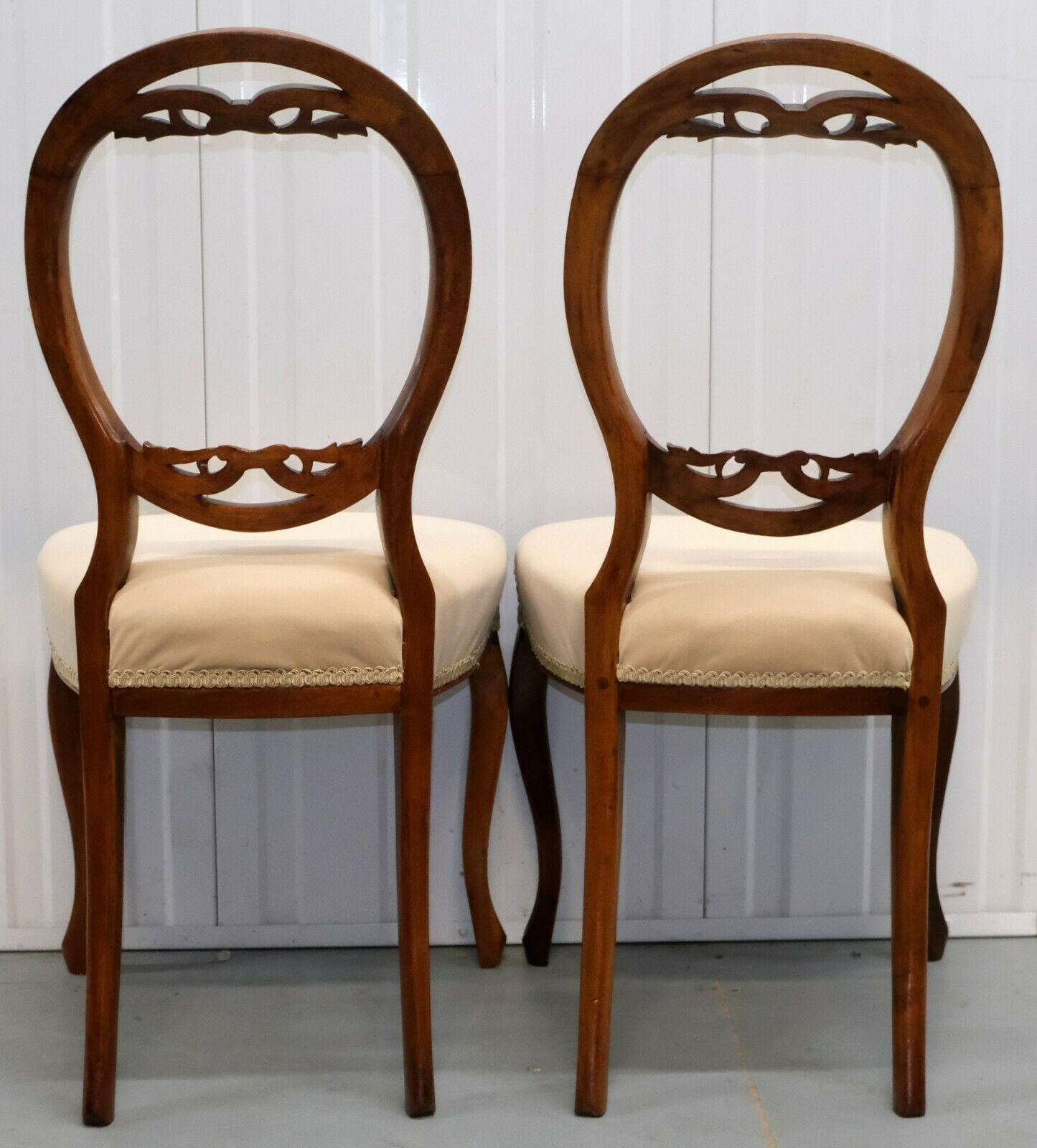 English Set of Four Walnut Dining Ballon Back Soft Velvet Seat Chairs on Cabriole Legs