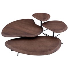 Set of Four Walnut Finish Coffee Tables with Black Metal Base, Pantê Collection