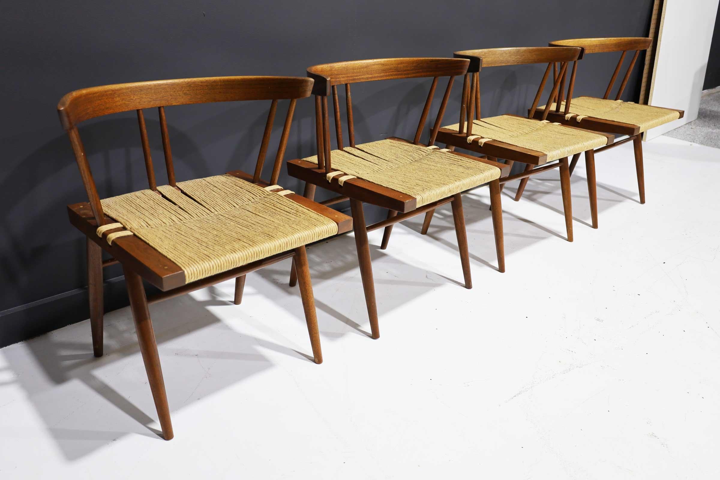 Mid-Century Modern Set of Four Walnut Grass Seat Dining Chairs by George Nakashima, US, 1961