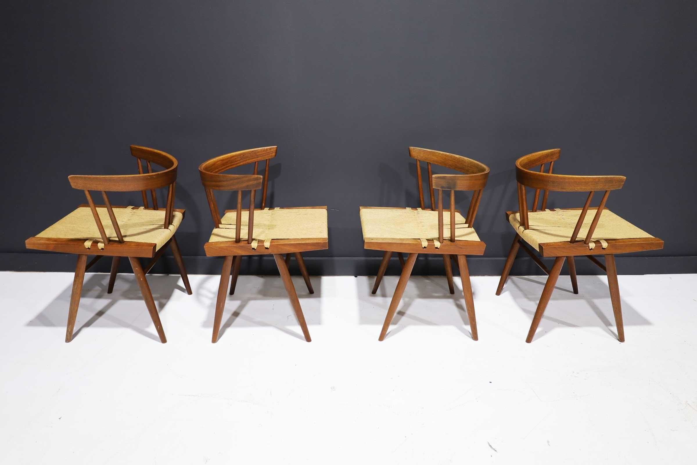 North American Set of Four Walnut Grass Seat Dining Chairs by George Nakashima, US, 1961