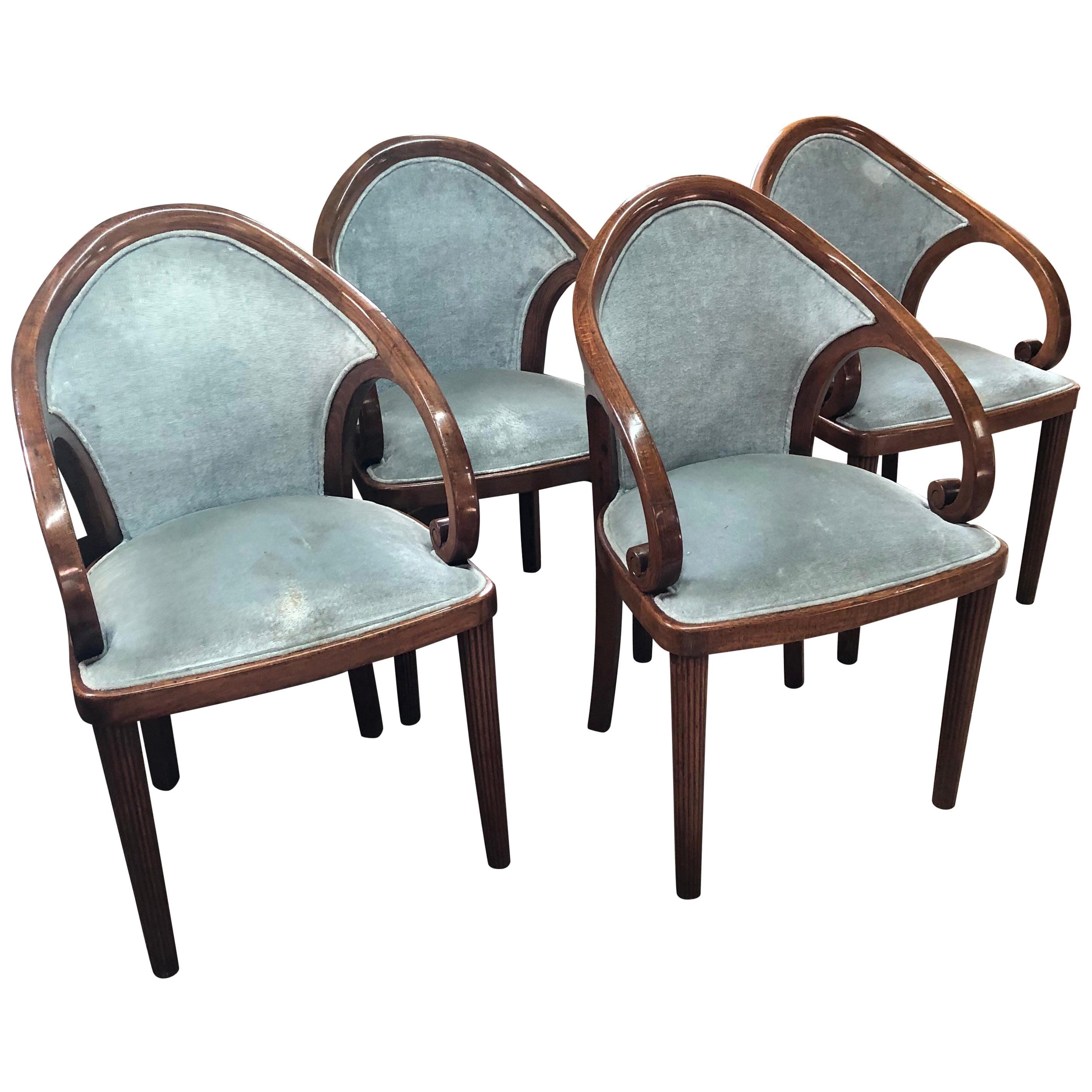 Set of Four Walnut Upholstered Dining Room Chairs