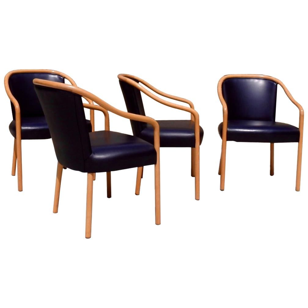 Set of Four Ward Bennet Ash Frame Black Leather Chairs