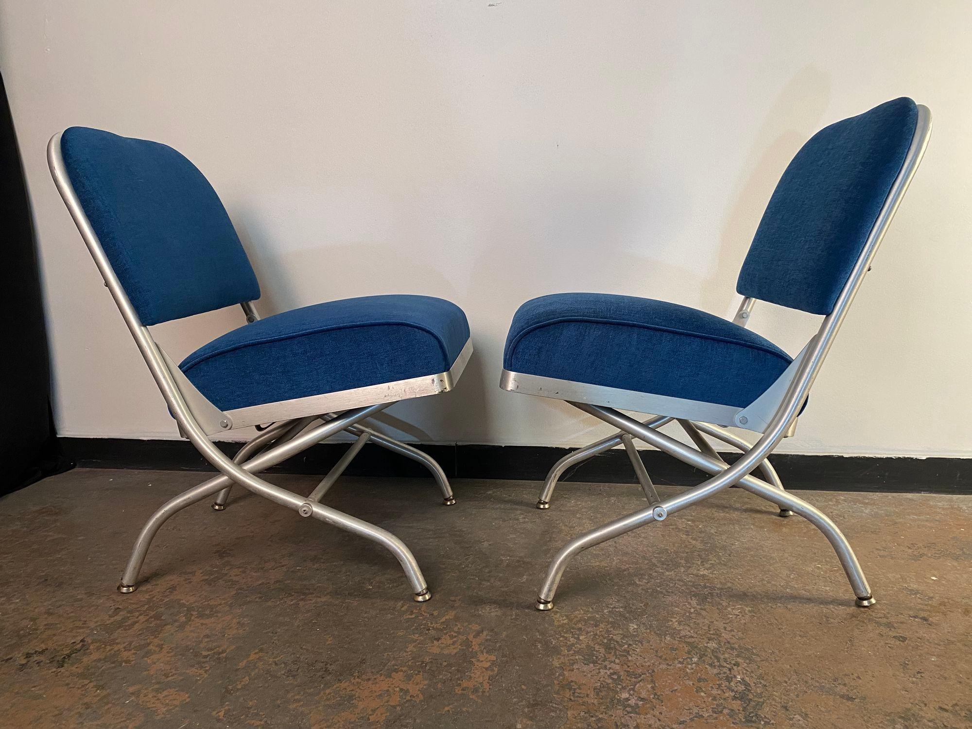 Set of Four Warren McArthur Aluminum & Blue Velvet chairs For Sale 1