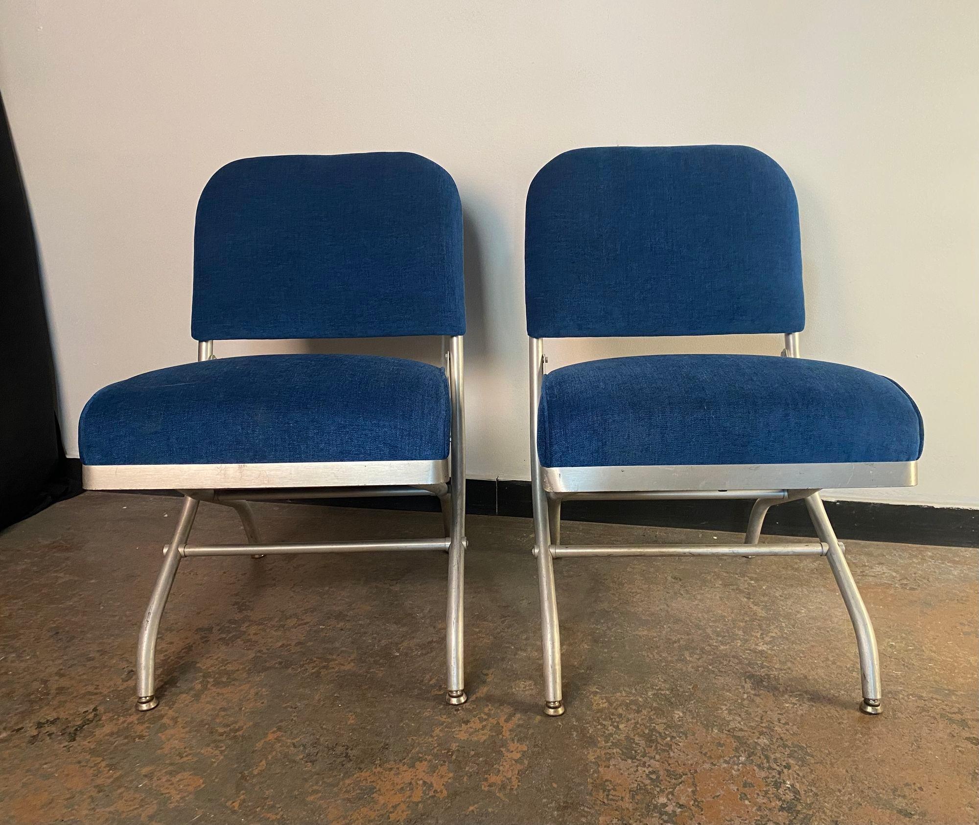 Set of Four Warren McArthur Aluminum & Blue Velvet chairs For Sale 3