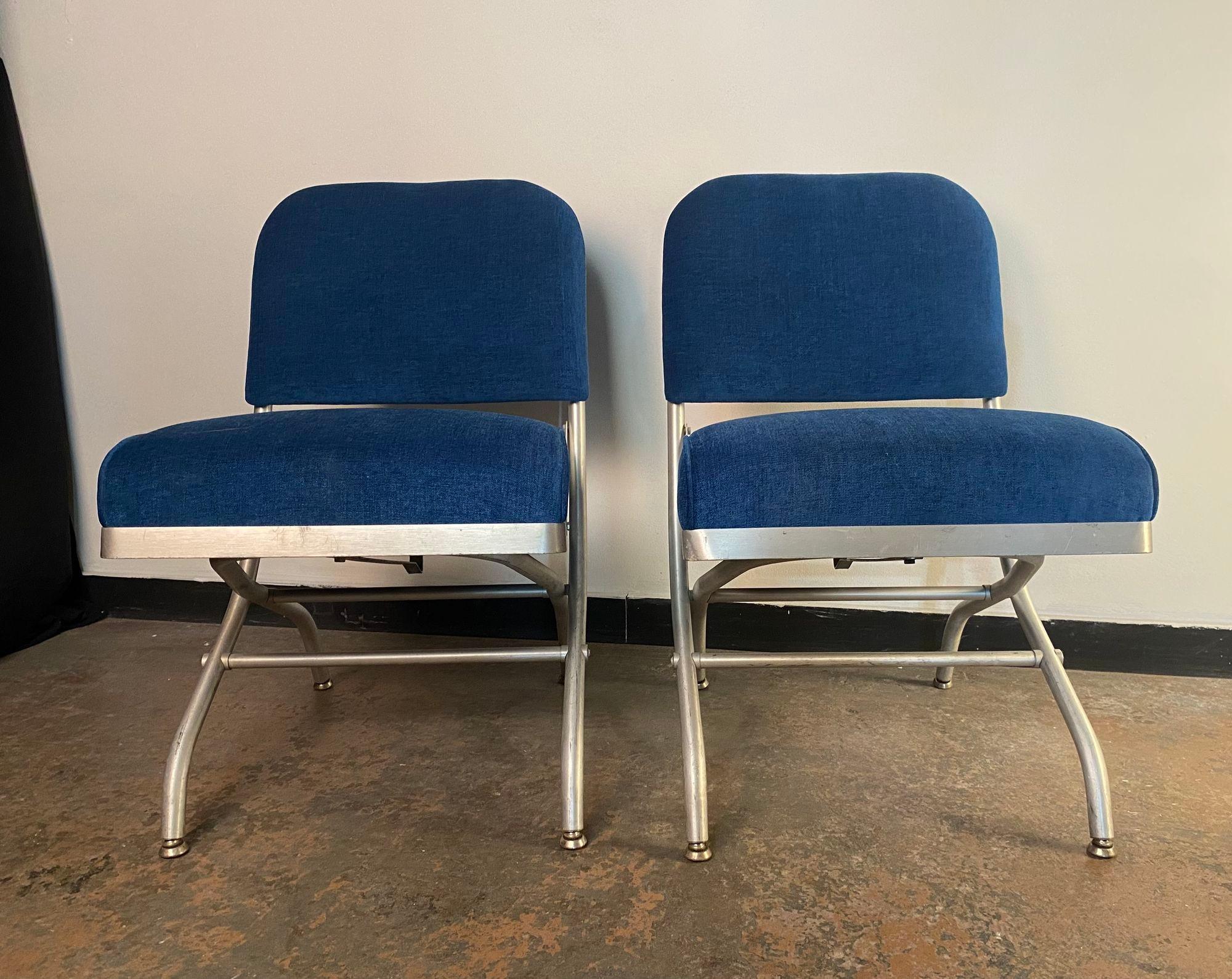 Set of Four Warren McArthur Aluminum & Blue Velvet chairs For Sale 4