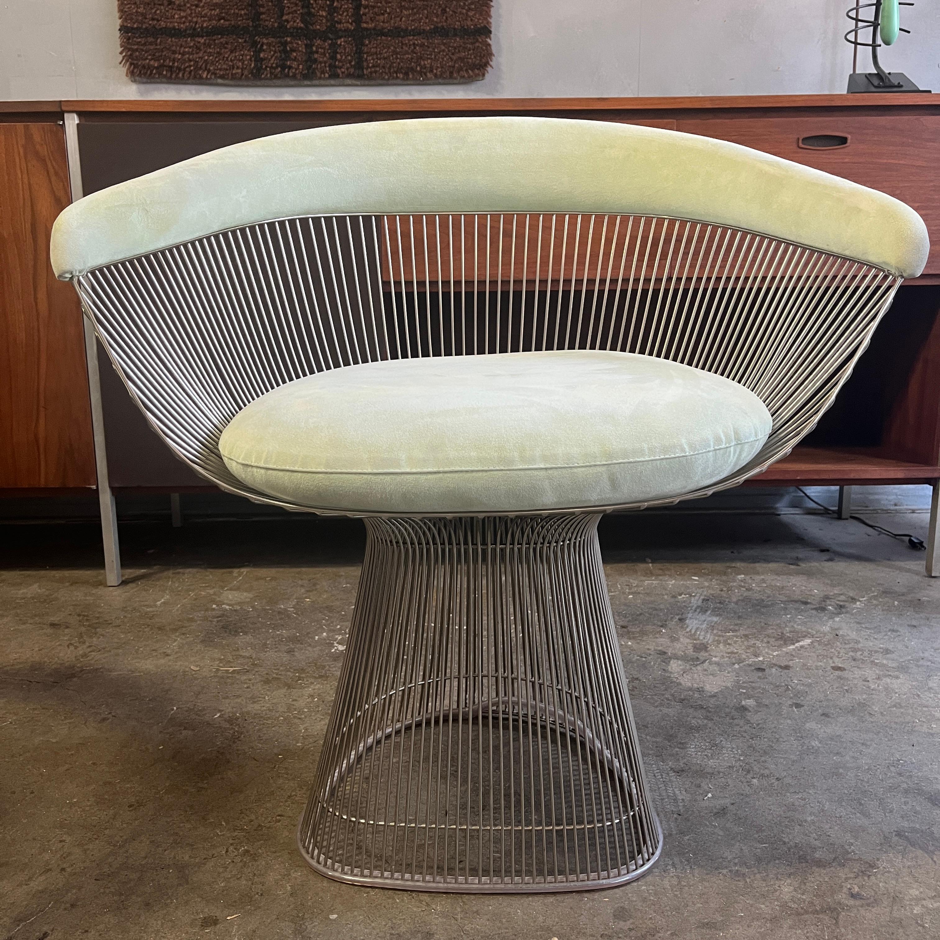 Set of 4 Mid-century Modern Warren Platner Arm Chairs with Nickel finish for Knoll. Recent production. 
Showing no rust or tarnish to wire frames. Beautiful seafood green Upholstery. 
Ready for use. 

Please contact us for custom shipping quote. 