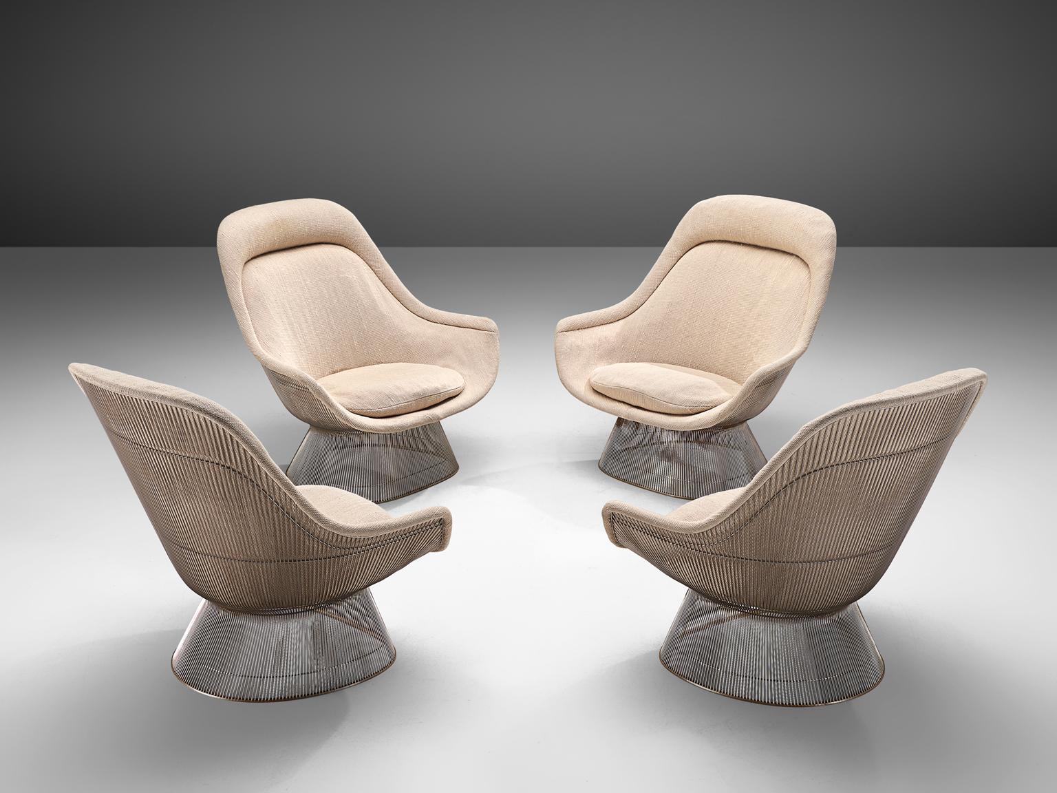 Warren Platner, four lounge chairs 'model 1705', steel and original beige fabric, United States, design 1966, production later.

These iconic beige easy chairs by Warren Platner is created by welding curved steel rods to circular and semi-circular