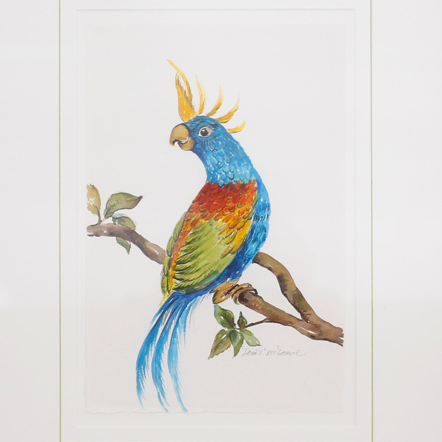 Delightful set of four watercolors of parrots executed with vivid tropical colors and artistic aplomb. Signed by the noted artist Dora McDanial behind glass and presented in carved wood painted frames.