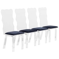 Set of Four Waved Back Lucite Chairs, 1980s
