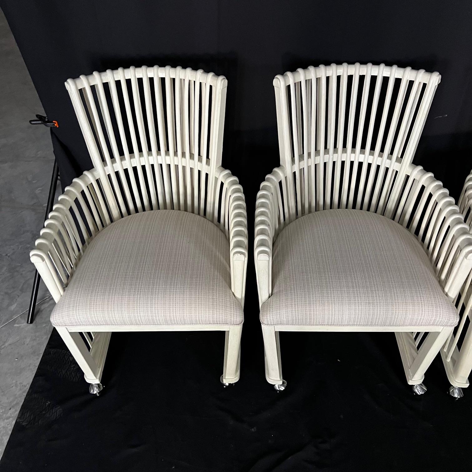 Set of Four White Bent Rattan Dining or Club Chairs with Casters 4