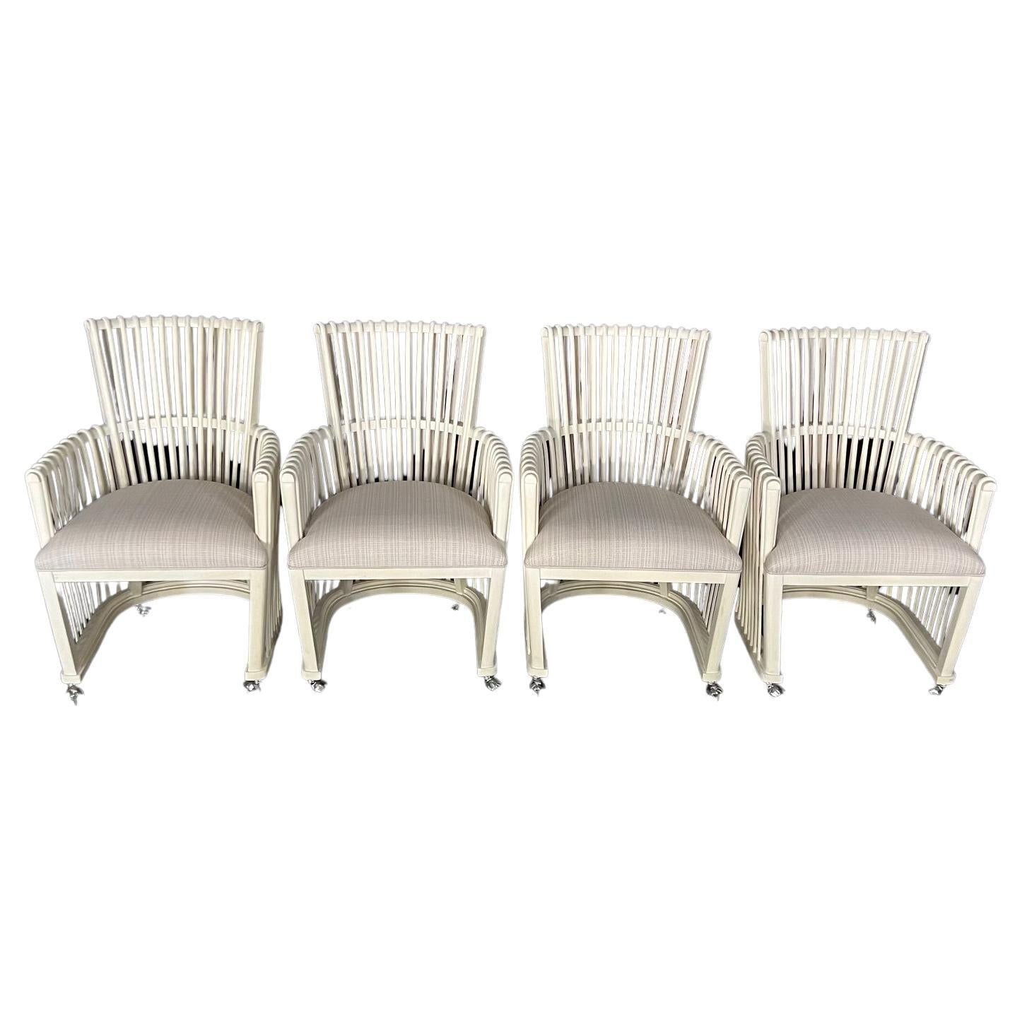 Set of Four White Bent Rattan Dining or Club Chairs with Casters