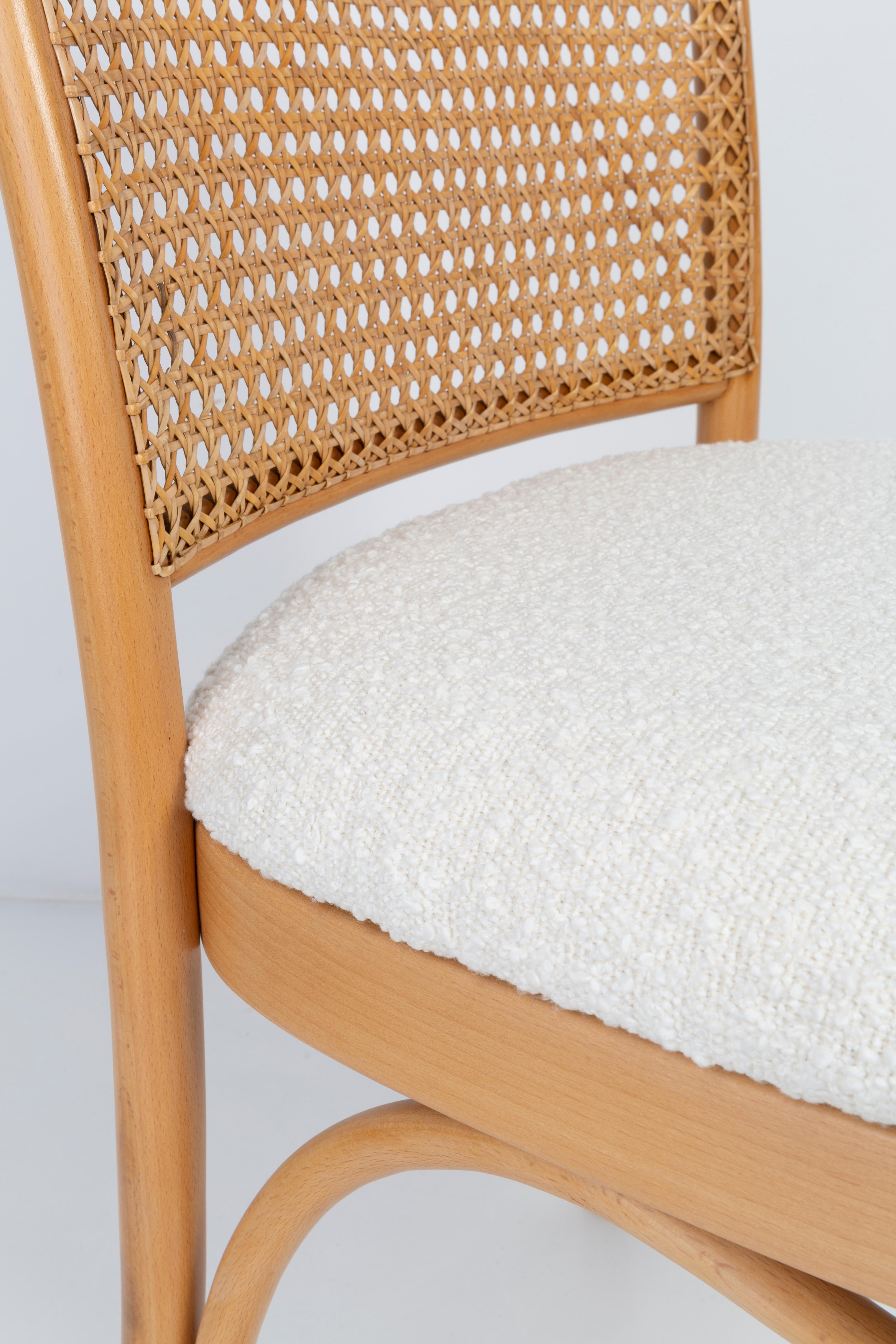 Set of Four White Boucle Thonet Wood Rattan Chairs, 1960s For Sale 3