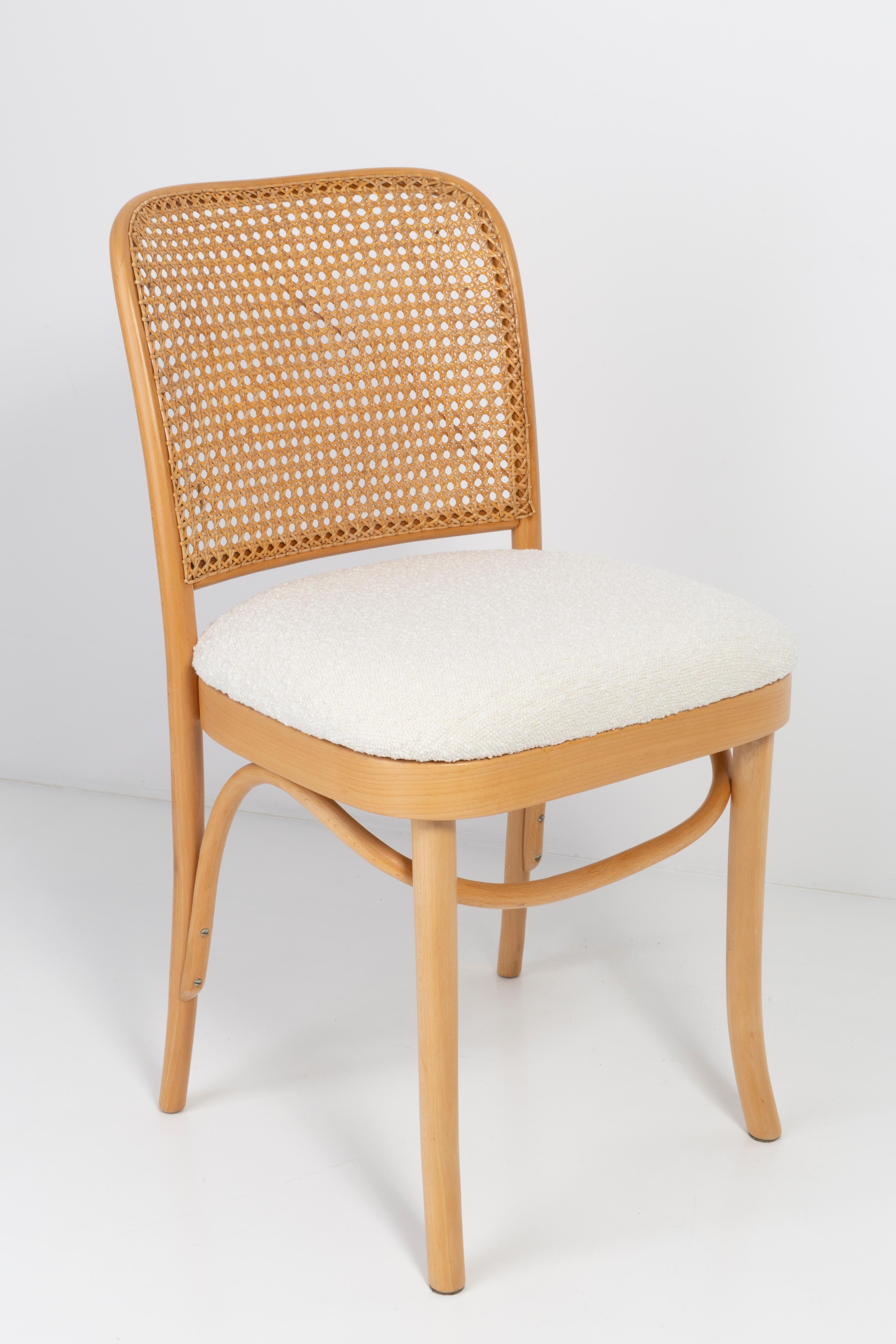 Set of Four White Boucle Thonet Wood Rattan Chairs, 1960s In Excellent Condition For Sale In 05-080 Hornowek, PL