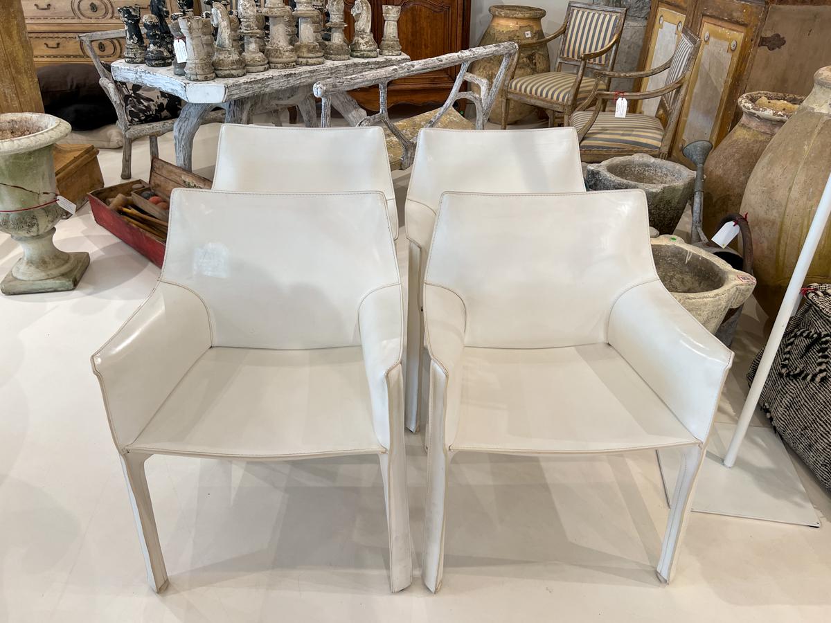 Italian Set of Four White Leather Cab Armchairs by Cassina For Sale