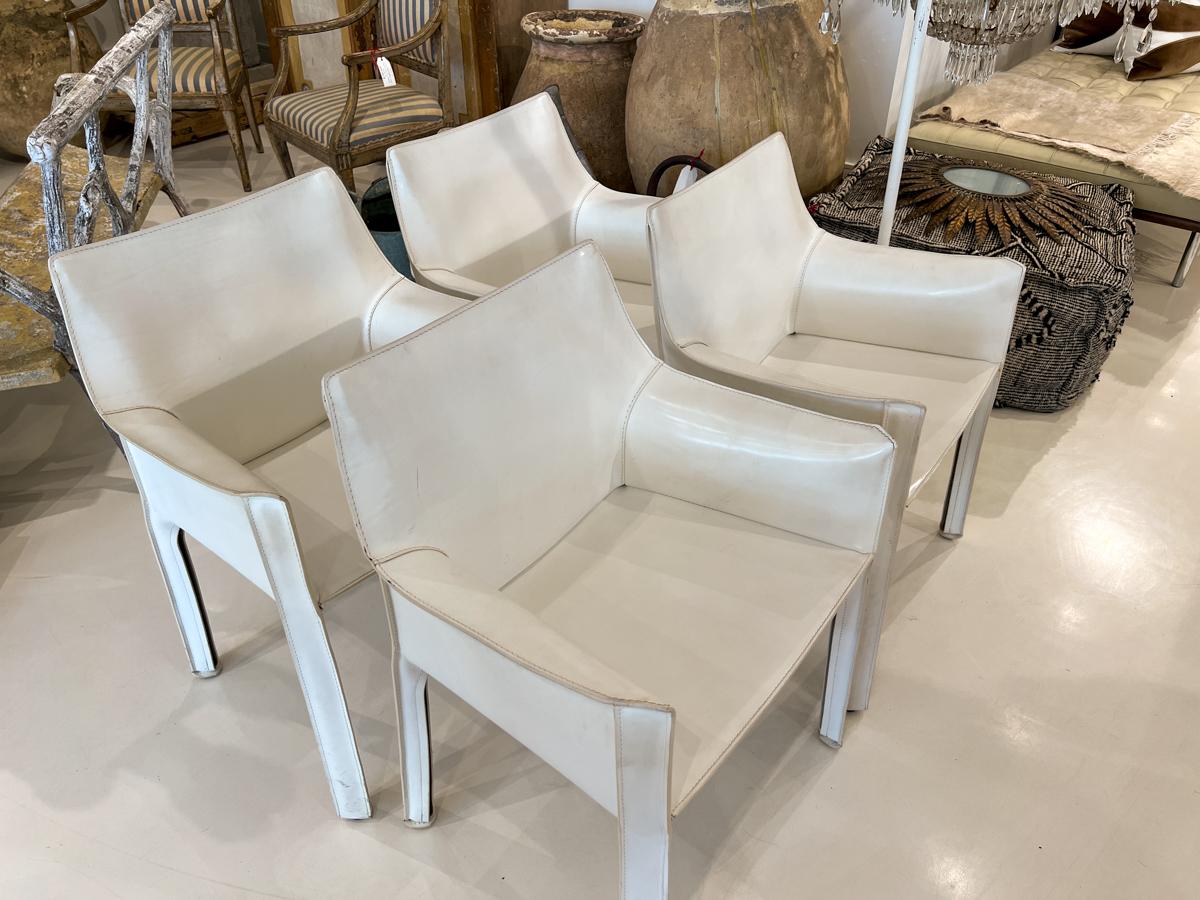 Set of Four White Leather Cab Armchairs by Cassina In Fair Condition For Sale In New Orleans, LA