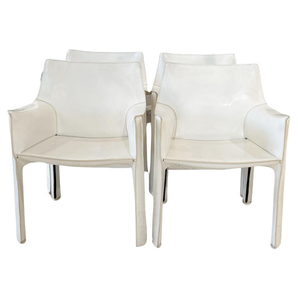 Set of Four White Leather Cab Armchairs by Cassina For Sale