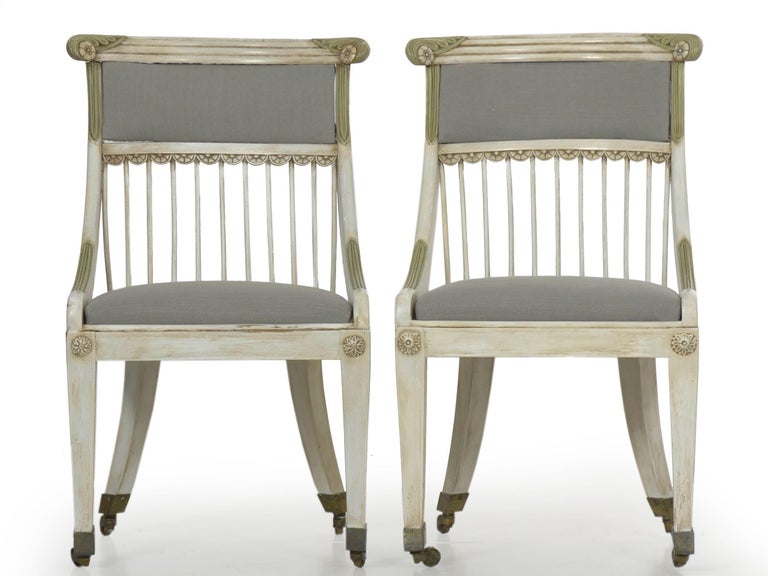 Set of Four White Painted Gray Upholstered Dining Chairs in Gustavian