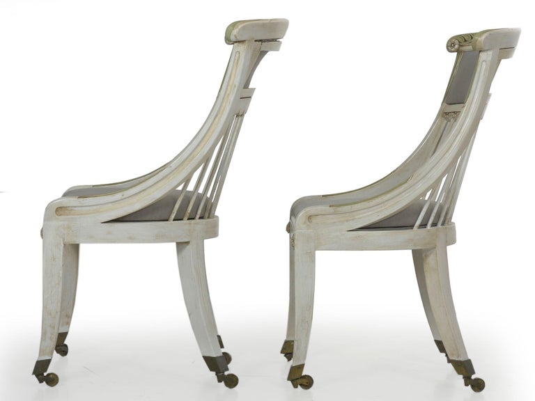 Set of Four White Painted Gray Upholstered Dining Chairs in Gustavian