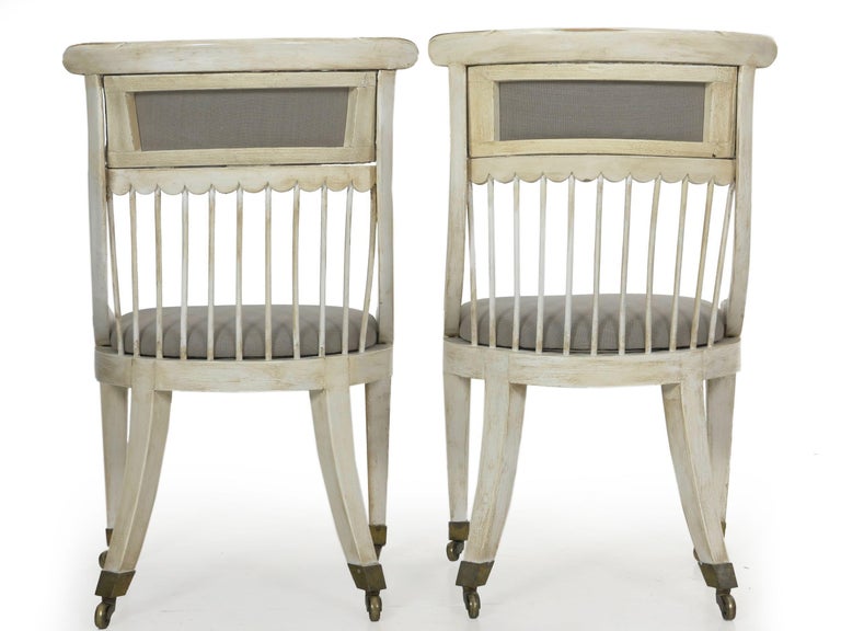Set of Four White Painted Gray Upholstered Dining Chairs in Gustavian