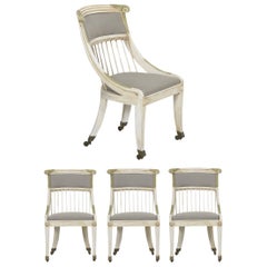 Set of Four White Painted Gray Upholstered Dining Chairs in Gustavian Style