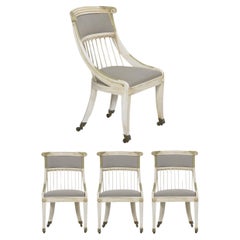 Antique Set of Four White Painted Gray Upholstered Dining Chairs in Gustavian Style