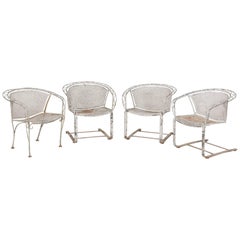 Set of Four White Painted Metal Garden Dining Chairs with Heavy Patina