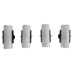 Vintage Set of Four White Plexiglass and Black Perforated Metal Wall Lamps