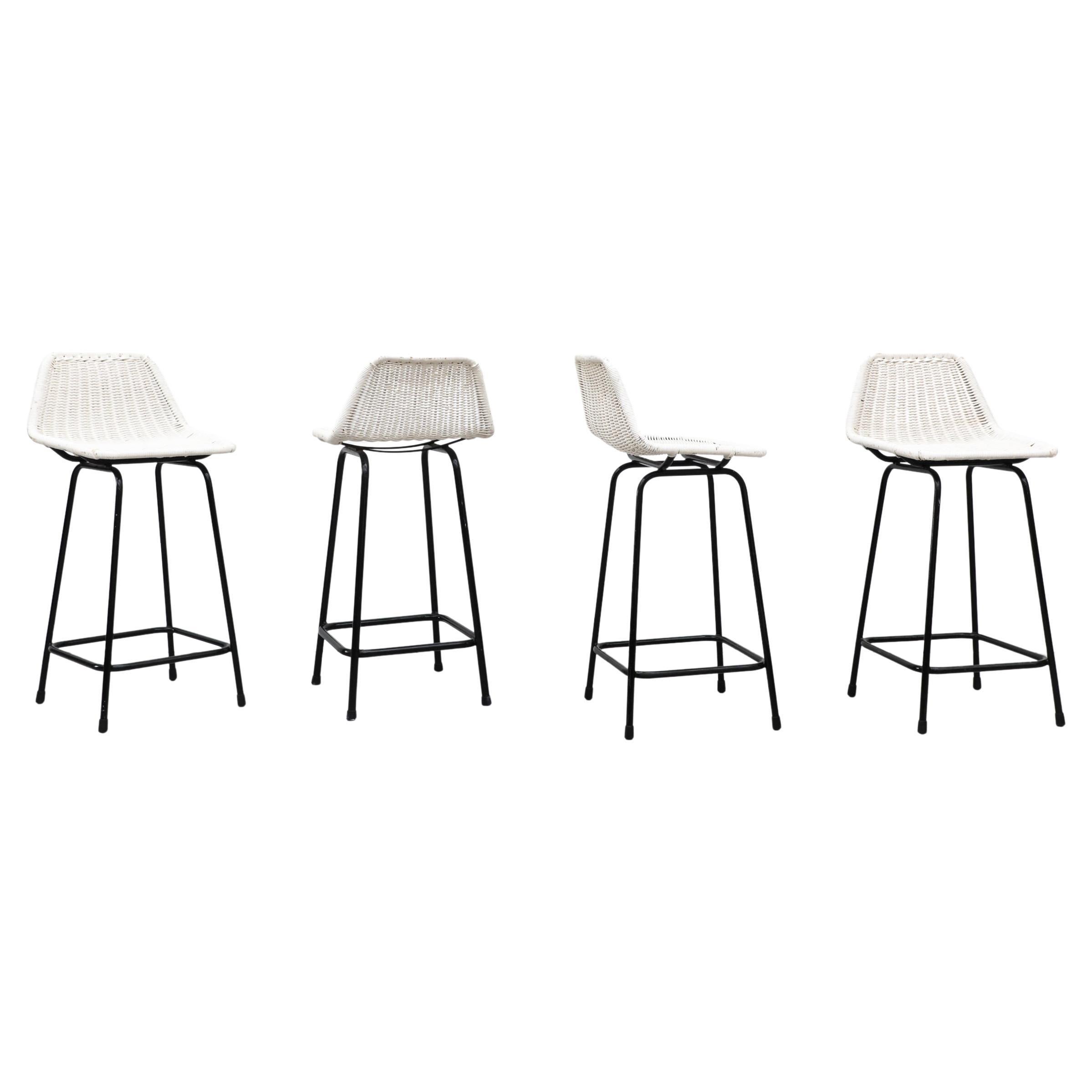 Set of Four White Rattan Charlotte Perriand Style Counter Height Stools