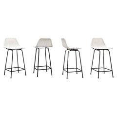Set of Four White Rattan Charlotte Perriand Style Counter Height Stools