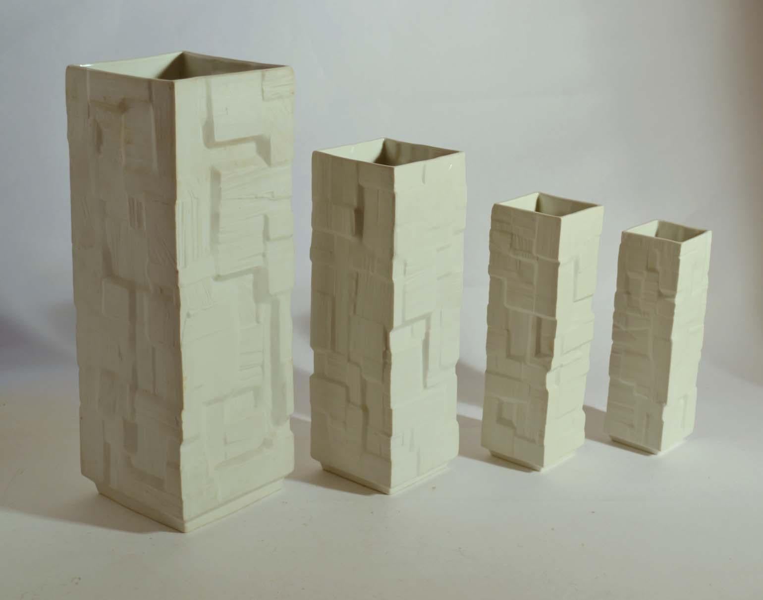 German Group of Four Large White Square Relief Vases For Sale