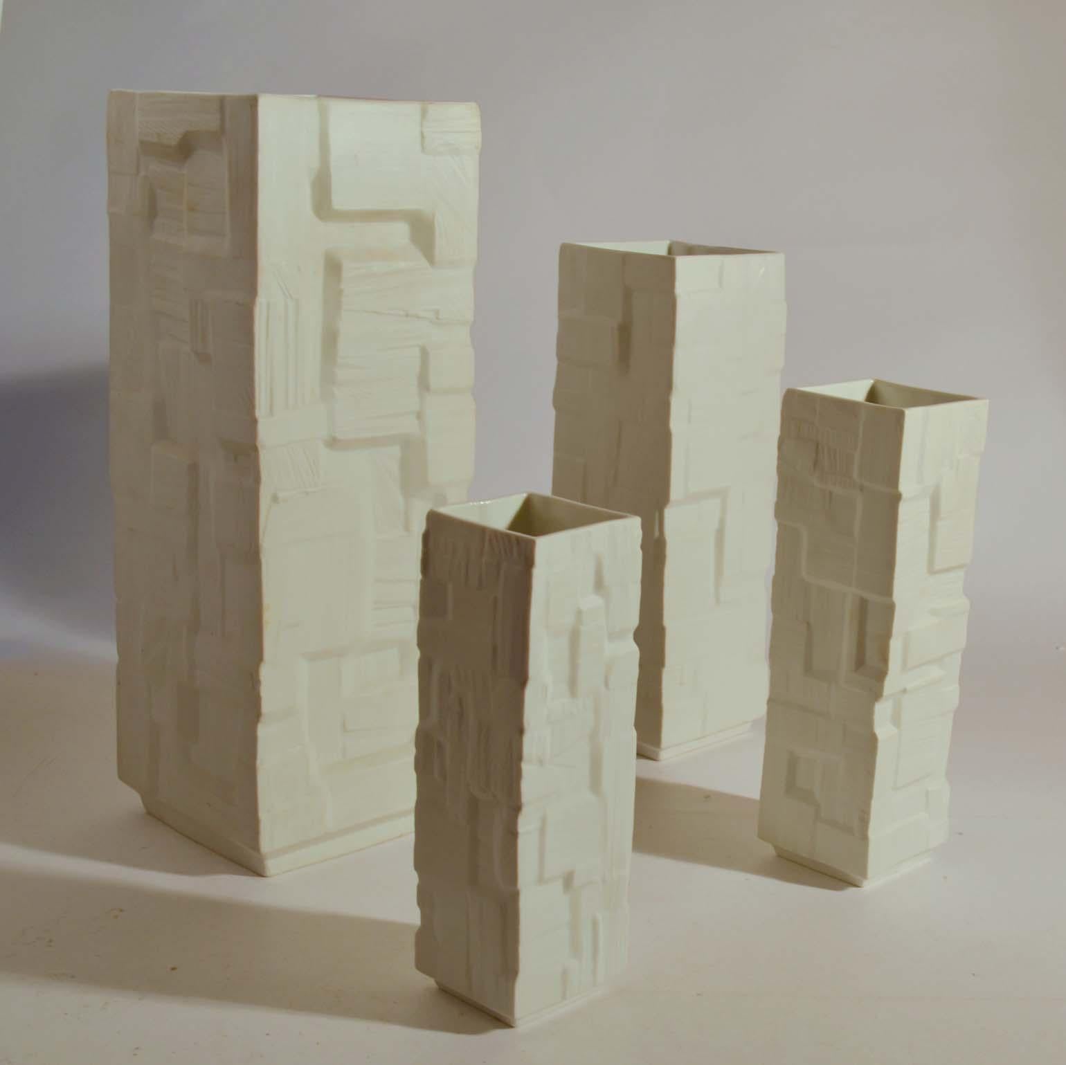 Group of Four Large White Square Relief Vases In Excellent Condition For Sale In London, GB