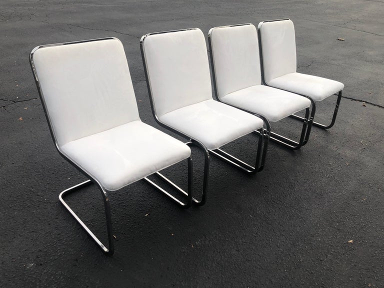 Set of Four White Suede Cantilever Chrome Chairs by Brueton at 1stDibs