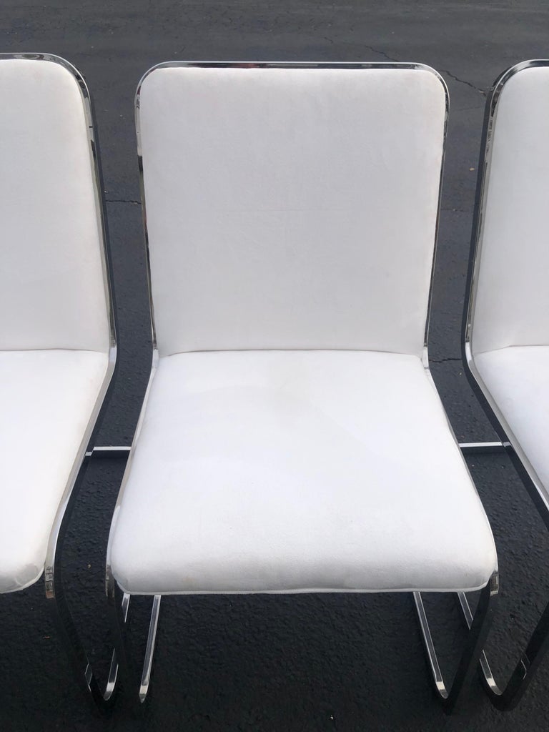 Set of Four White Suede Cantilever Chrome Chairs by Brueton at 1stDibs