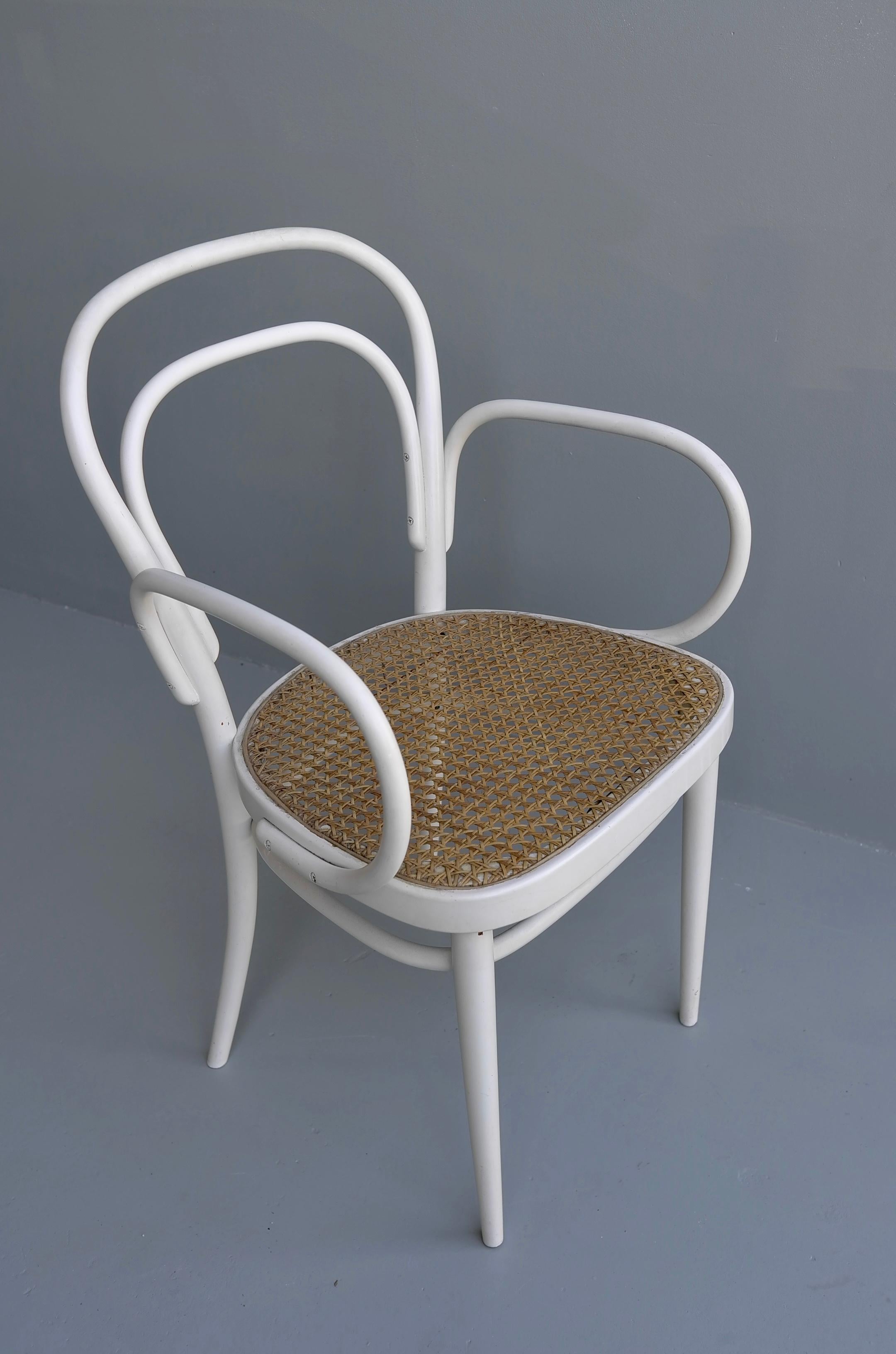 Set of Four White Thonet nr. 14 Armchairs with Wicker Seats, Vienna, 1960s In Good Condition For Sale In Den Haag, NL