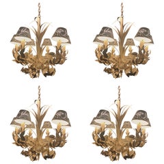 Set of Four White Tole Six Arm-Chandeliers Attributed to McGuire