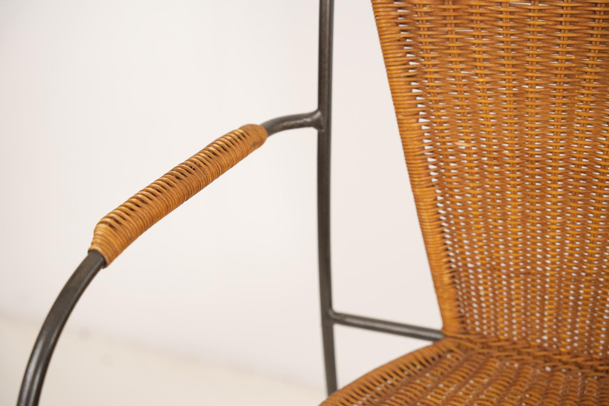 Set of Four Wicker and Iron Chair By Frederic Weinberg 1950s For Sale 3