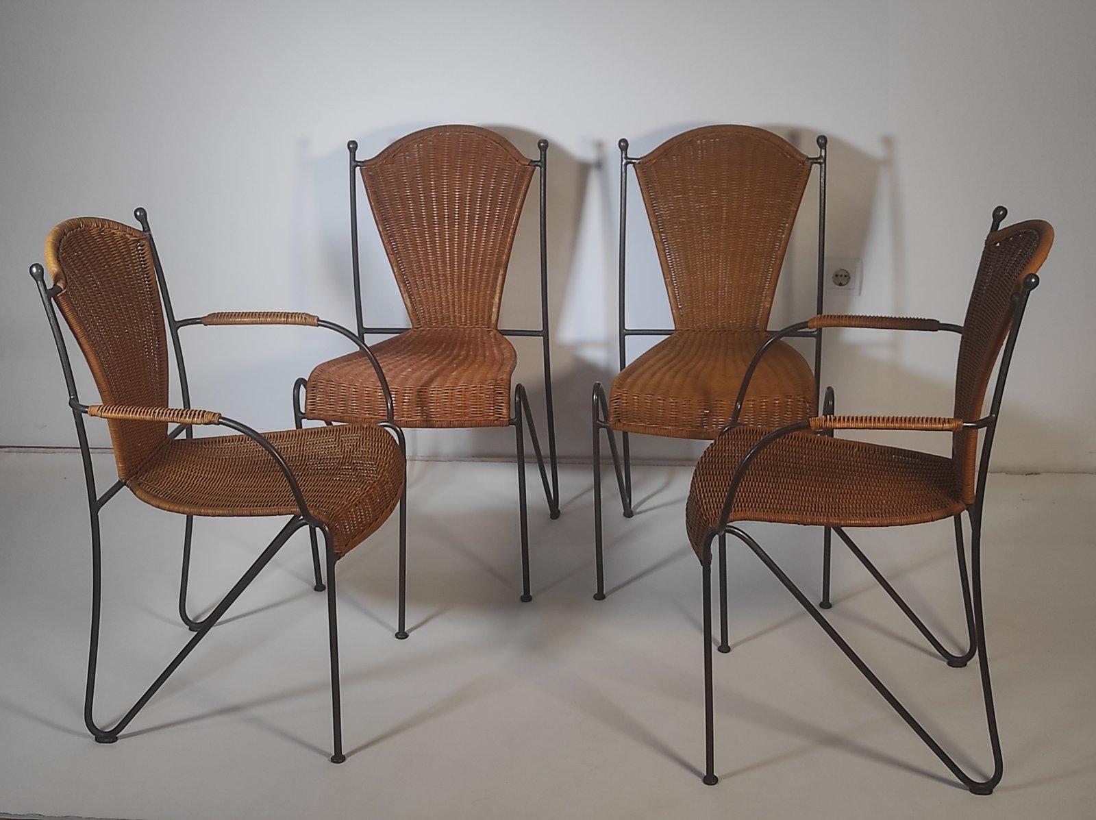 Mid-Century Modern  Set of Four Wicker and Iron Chair By Frederic Weinberg 1950s