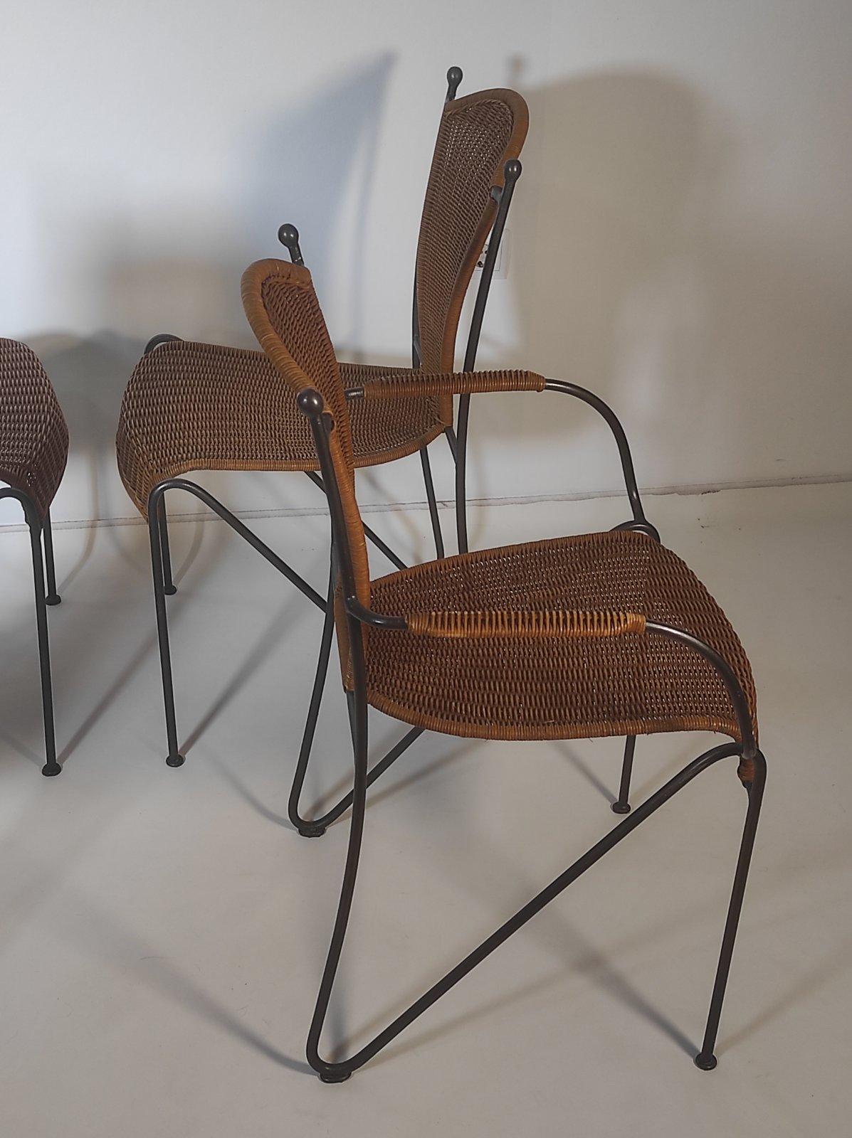 American  Set of Four Wicker and Iron Chair By Frederic Weinberg 1950s